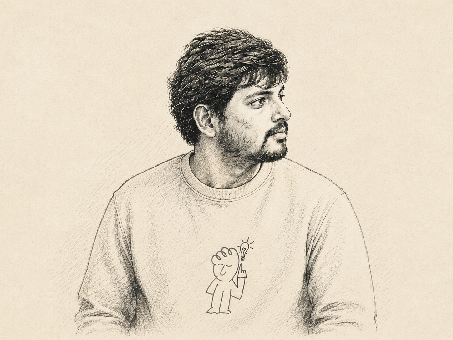 Editorial pencil portrait of Sai Karan Reddy looking toward the introduction
